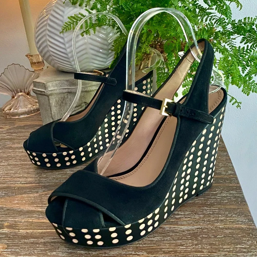 Tory Burch Ollie Black Suede Platform Wedge Slingback Heel Sandals Womens 8 M‎